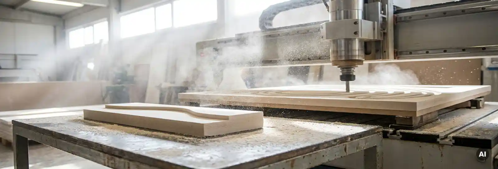 CNC-Fräsmaschine schneidet geschwungene Formen in Gipsfaserplatte, feiner weißer Staub in der Werkstattluft, gefrästes Formteil auf Stahltisch.