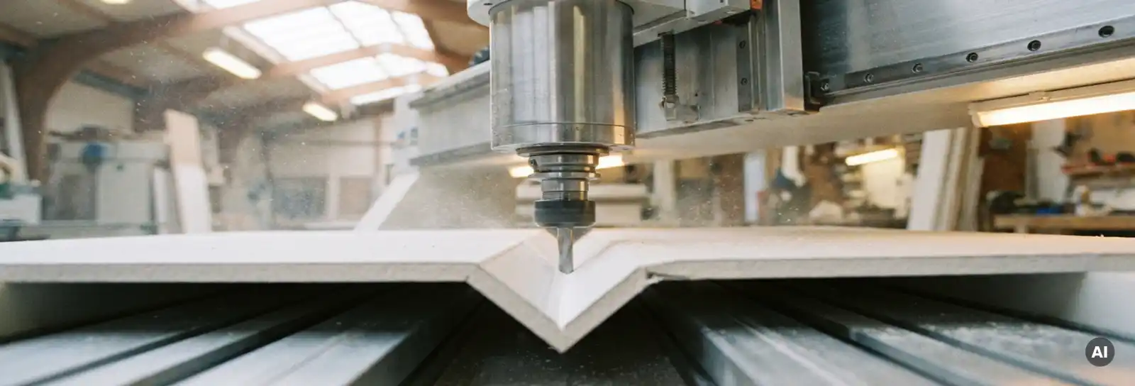 CNC-Fräsmaschine schneidet präzises Doppelfalzprofil in weiße Gipskartonplatte, feiner Staub in Werkstattluft.