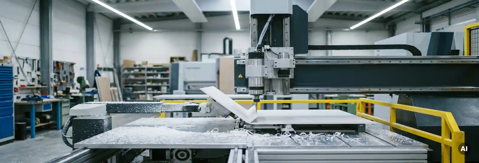 CNC-Fräsmaschine kerbt eine weiße Gipskartonplatte in einer modernen deutschen Werkstatt, Späne auf dem Arbeitstisch.