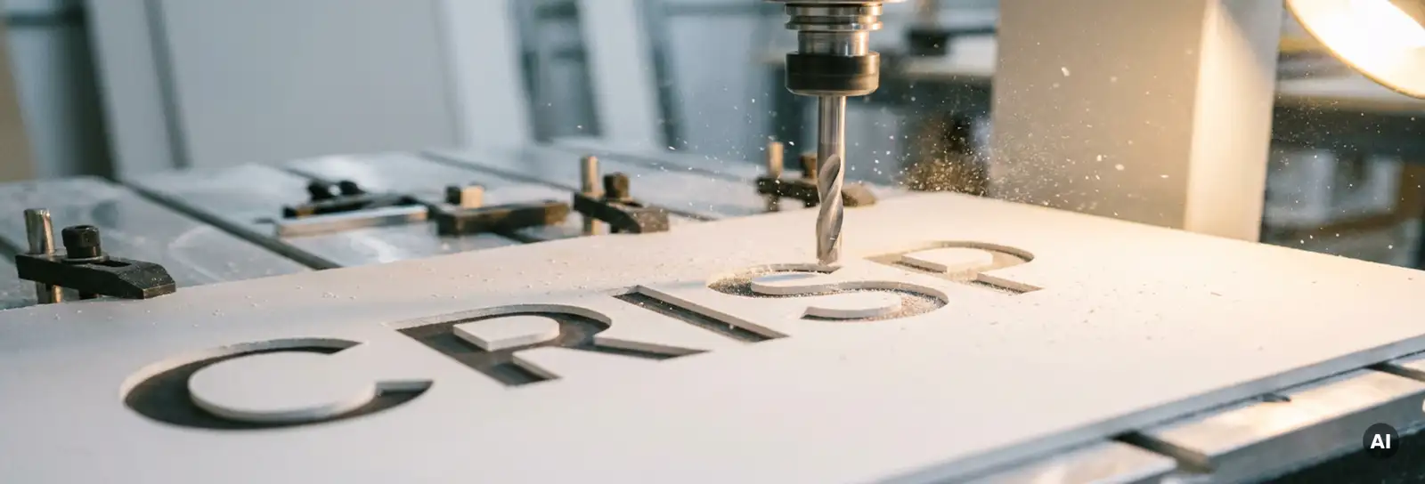 CNC-Fräser graviert Schrift in Gipskartonplatte, feiner Gipsstaub schwebt in der Luft, scharfe Schatten in den Gravurnuten.