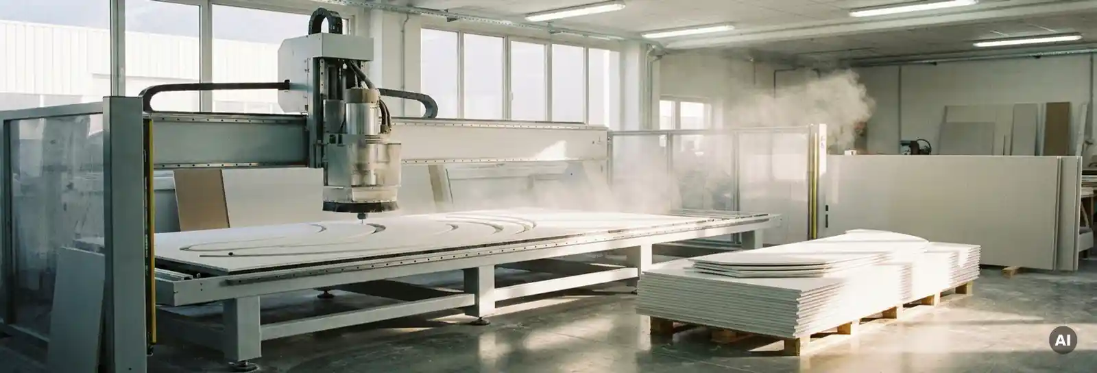 CNC-Fräsmaschine schneidet geschwungene Formen aus weißen Gipskartonplatten, feiner Staub in hell beleuchtetem Industrieworkshop.