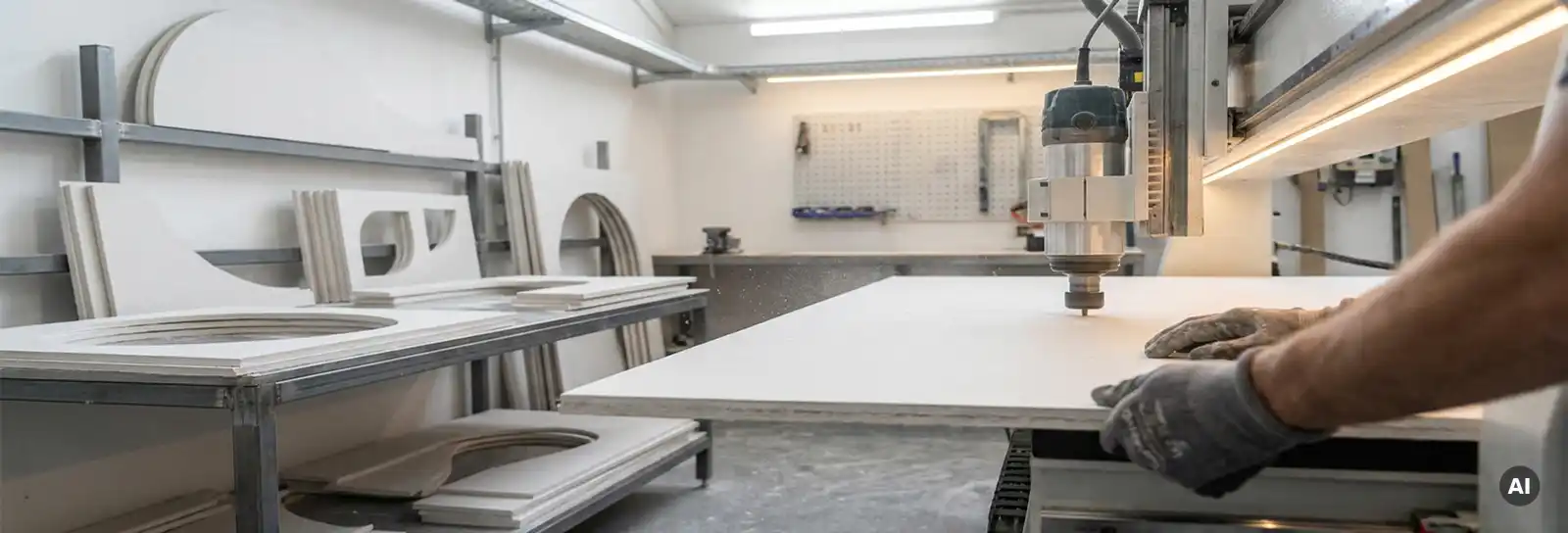 Handwerker führt Gipskartonplatte durch CNC-Fräse, präzise geschwungene Ausschnitte und Formteile im modernen Workshop.