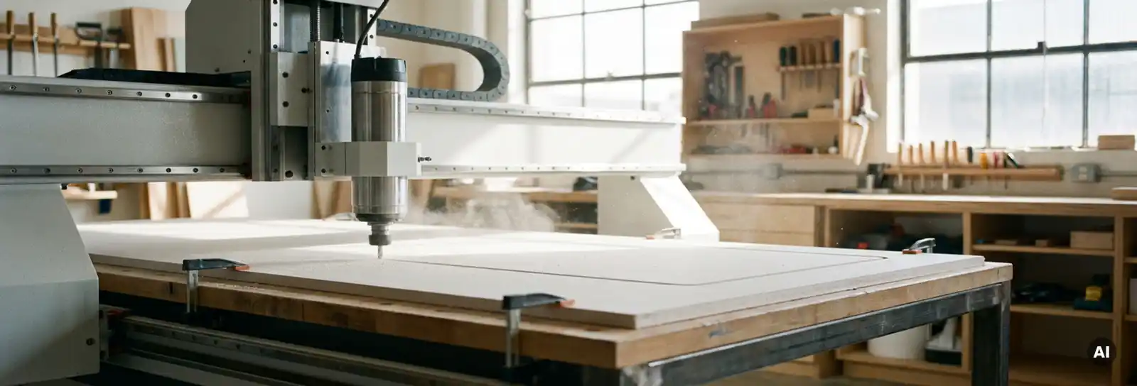 CNC-Fräsmaschine schneidet präzise Kanten in eine Gipskartonplatte, feiner weißer Staub im Tageslicht einer modernen Werkstatt.