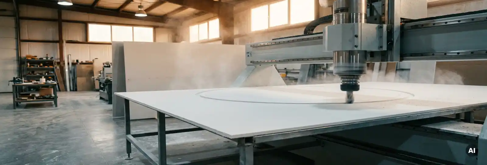 CNC-Fräsmaschine schneidet präzisen Kreis in weiße Gipskartonplatte, feiner Staub in warmem Werkstattlicht.