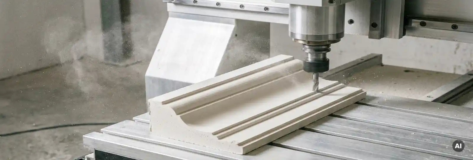 CNC-gefrästes Gipskarton-Stuckprofil auf Frästisch mit feinem weißem Staub in der Werkstattluft.