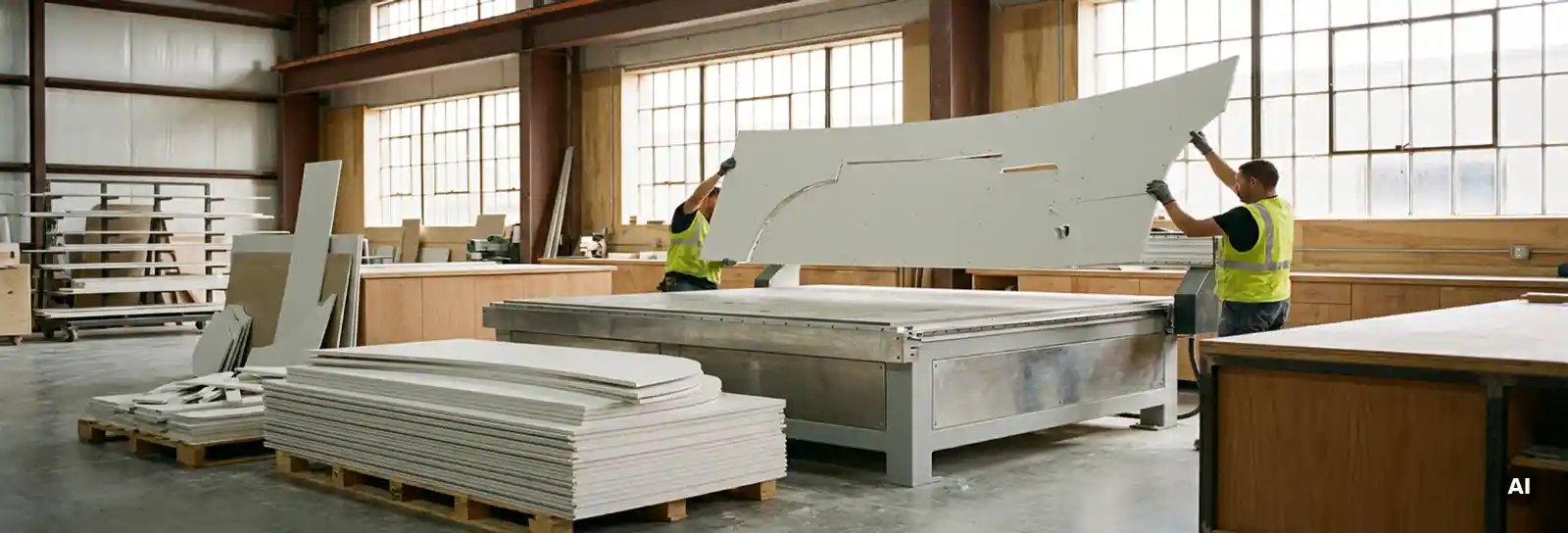 Präzise gebogene Gipskartonplatte wird von einem CNC-Frästisch in einer modernen Vorfertigung gehoben.