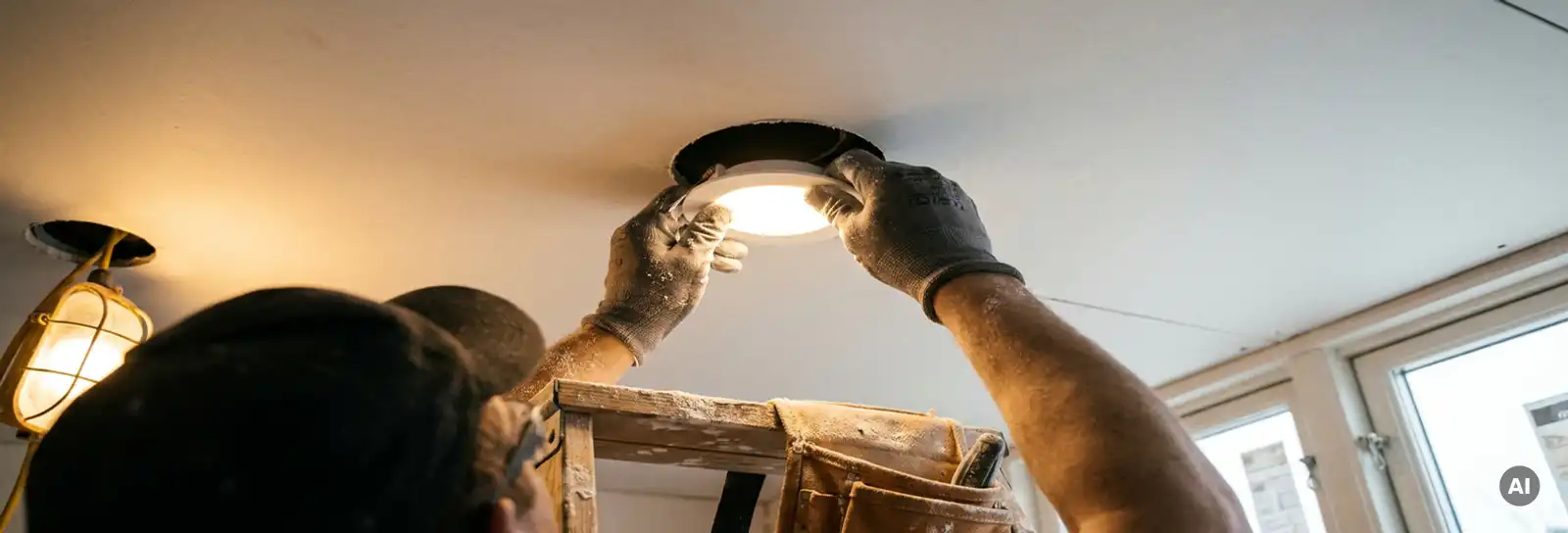 Einbau-LED-Leuchte wird in kreisförmige Aussparung einer weißen Gipskartondecke eingesetzt, feiner Gipsstaub auf der Oberfläche.