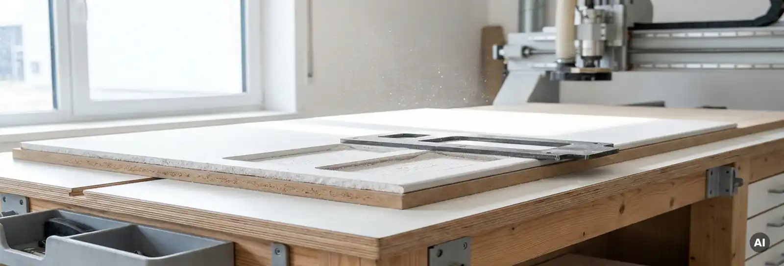 Routing-Schablone auf Gipskartonplatte in moderner Werkstatt, frisch gefräste Aussparungen und feiner Gipsstaub im Tageslicht sichtbar.