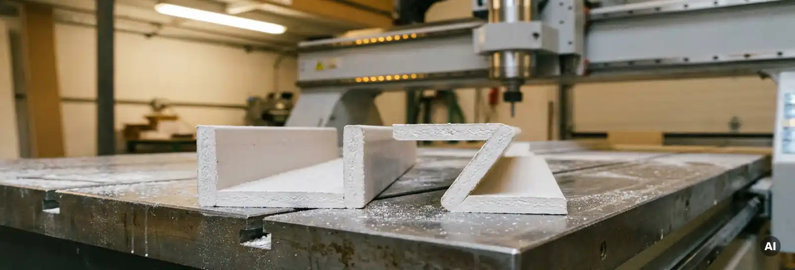 U-förmiges und Z-förmiges Trockenbau-Profil aus weißem Gipskarton, CNC-gefräst, auf einem Werkstatttisch mit feinem Gipsstaub.