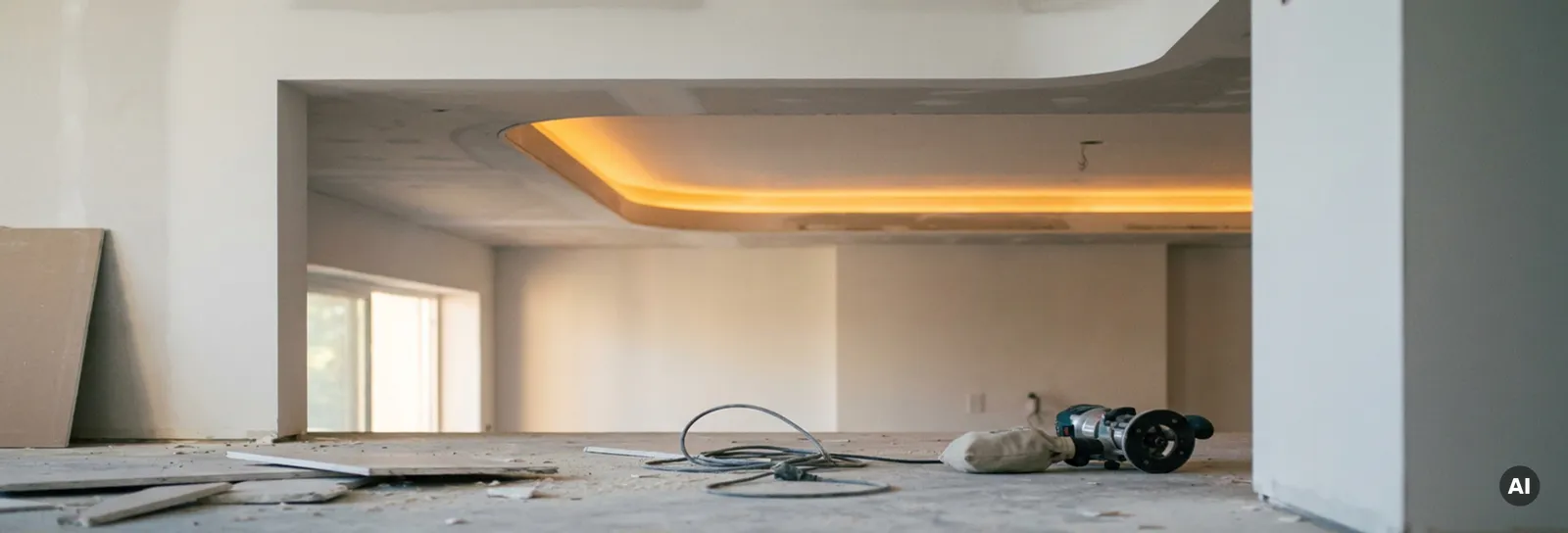 Geschwungenes Gipskarton-Hohlkehlenprofil mit warmem LED-Lichtstreifen in moderner weißer Deckengestaltung, Gipsplatten und Fräswerkzeug am Boden.