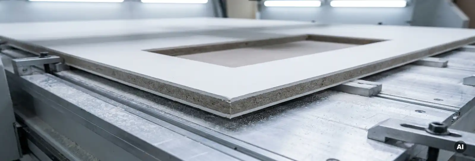 Rechteckige CNC-gefräste Aussparung in weißer Gipskartonplatte mit sauberen Schnittkanten auf Aluminium-Frästisch.