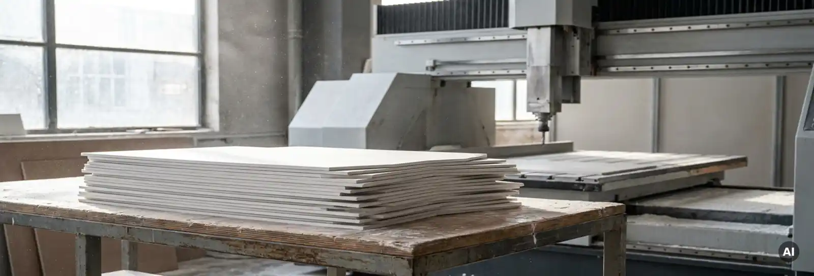 Präzise gestapelte Gipskartonplatten auf Werkbank mit CNC-Fräsmaschine im Hintergrund, feiner weißer Staub im Gegenlicht.