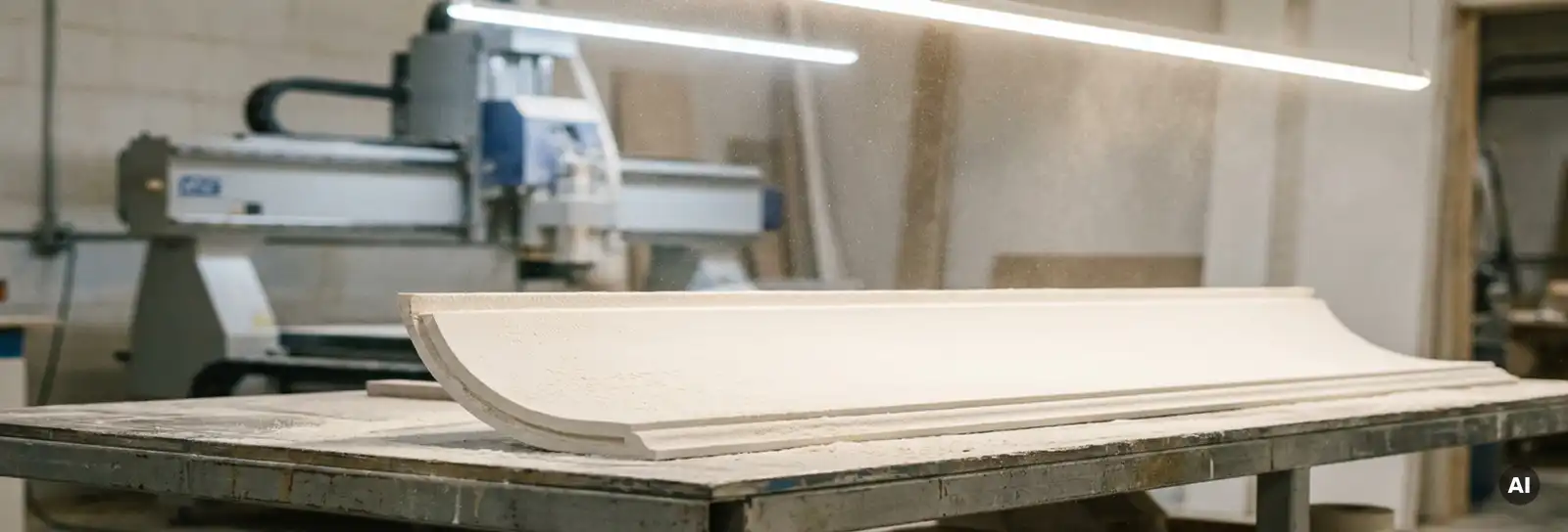 Frisch gefrästes Gipskarton-Hohlkehlen-Panel auf Werkstatttisch, CNC-Fräsmaschine im Hintergrund, weißer Feinstaub in der Luft.