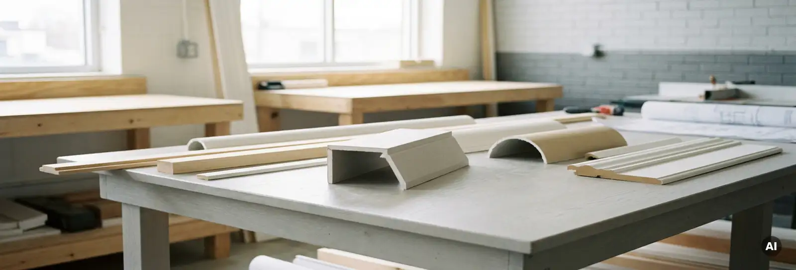 Präzise zugeschnittenes Gipskarton-Formteil auf Werkstatttisch, umgeben von geschwungenen Trockenbau-Profilen und fertigen Innenverkleidungsmustern.