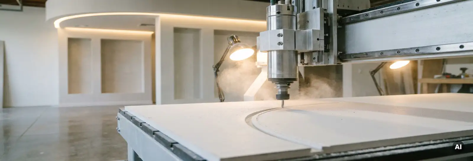 Fräsmaschine schneidet geschwungene Kanäle in Gipskartonplatte, fertige Wandnischen und Lichtvoute im modernen Interieur im Hintergrund.