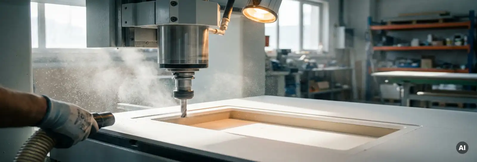 Fräsmaschine schneidet rechteckige Aussparung in Gipskartonplatte für Vorhangschiene, feiner weißer Staub in Werkstattlicht.