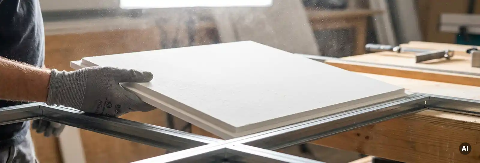 Handschuhbedeckte Hand hält eine präzise gefräste Gipskarton-Kassettendeckenplatte in ein modernes Deckenraster.
