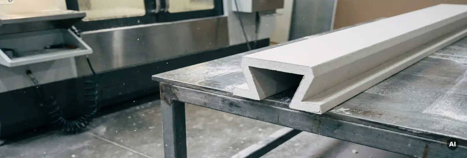 Omega-förmiges Gipskarton-Profil auf Industriearbeitstisch neben CNC-Fräsmaschine, weißer Staub auf Stahloberfläche.