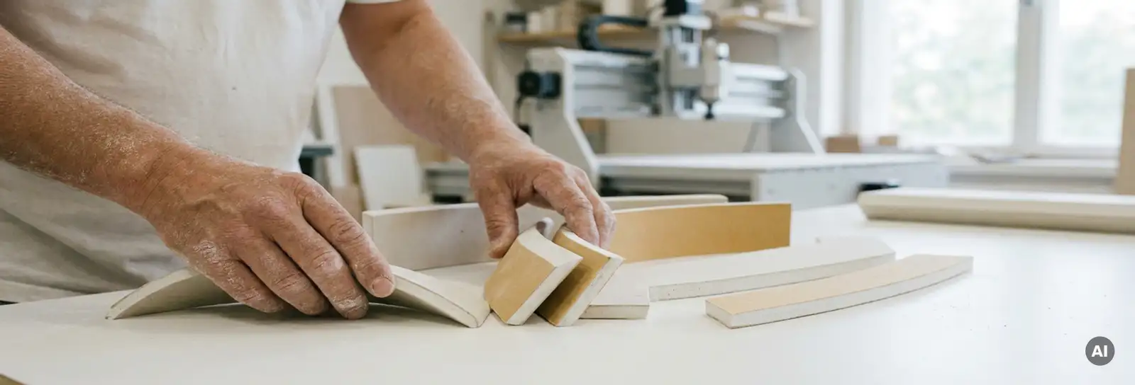 Handwerker arrangiert präzise gefräste Gipskarton-Rohrverkleidungen mit Bögen und Winkelstücken auf weißer Werkstattfläche.