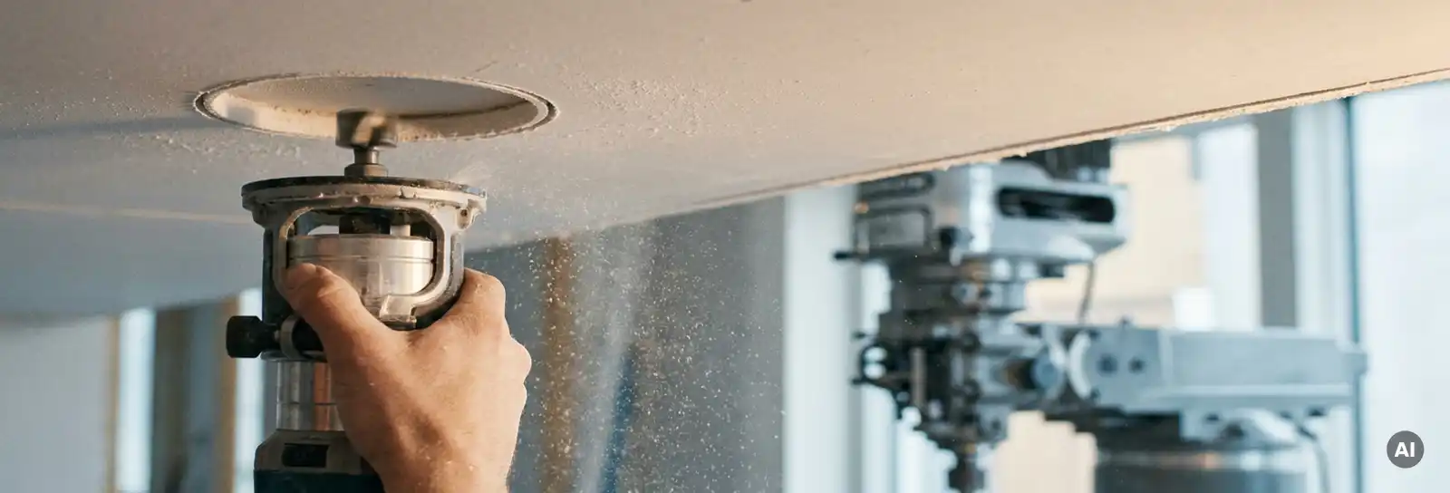 Präzisionsfräser schneidet kreisrunde Aussparung in weiße Gipskartondecke, feiner Staub in der Luft, moderner Rohbau im Hintergrund.