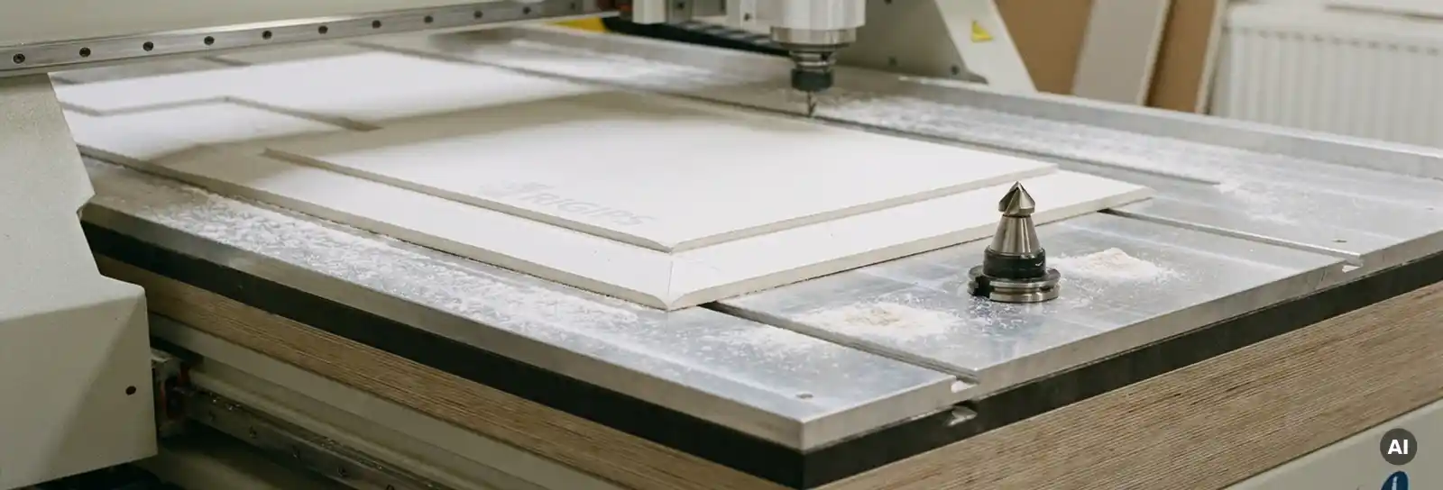 Frisch gefräste Rigips-Gipskartonplatte auf CNC-Frästisch mit sichtbarem Fräser und weißem Gipsstaub.