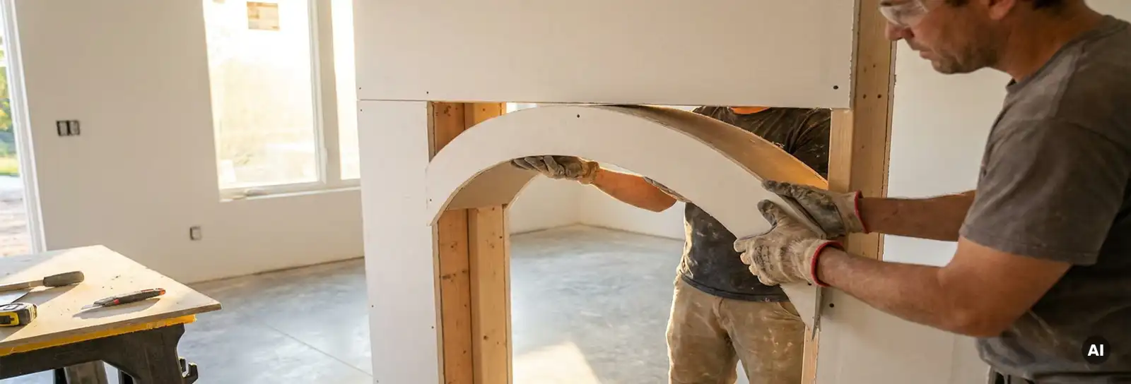 Handwerker setzt präzise zugeschnittenes Trockenbau-Bogenelement in Wandöffnung, helles Interieur mit weißen Wänden und Betonboden.