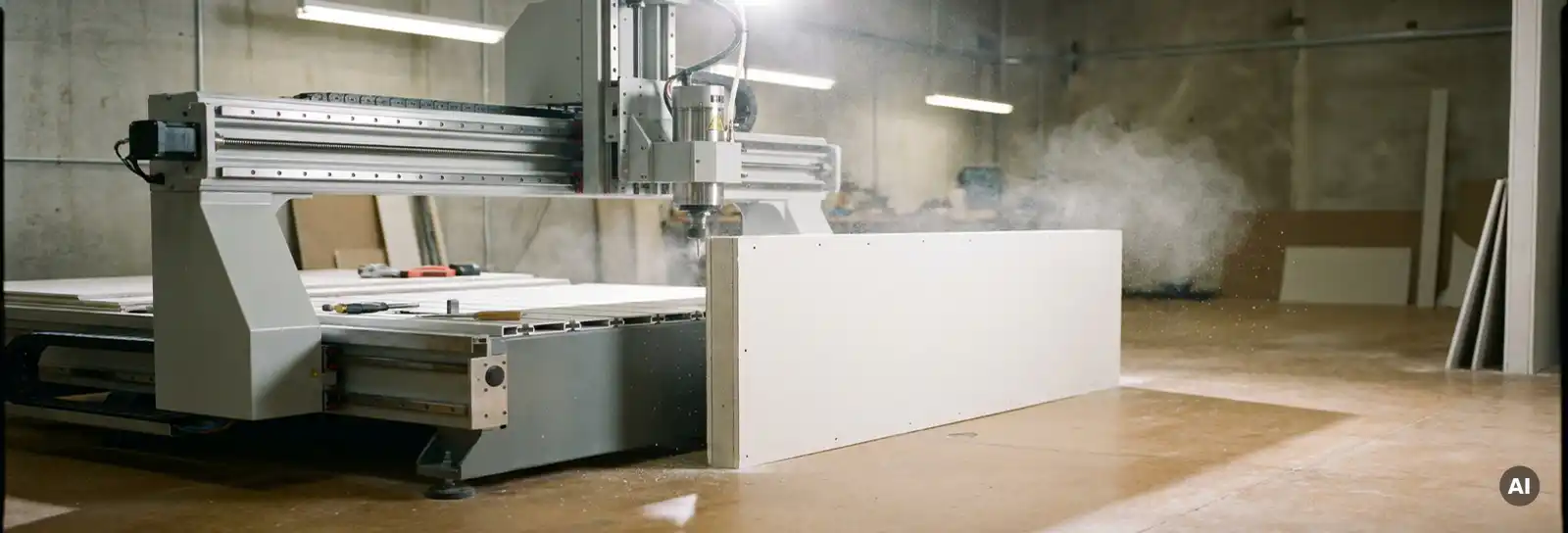 Gipskartonplatte wird präzise auf einem CNC-Frästisch zugeschnitten, feiner weißer Staub in der Werkstattluft.