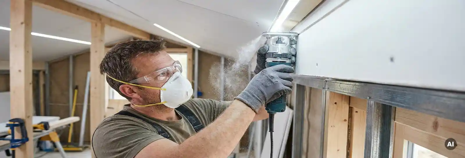 Handwerker schneidet präzise Deckenfuge in Gipskartonplatten auf einer Baustelle mit einer Fräsmaschine.