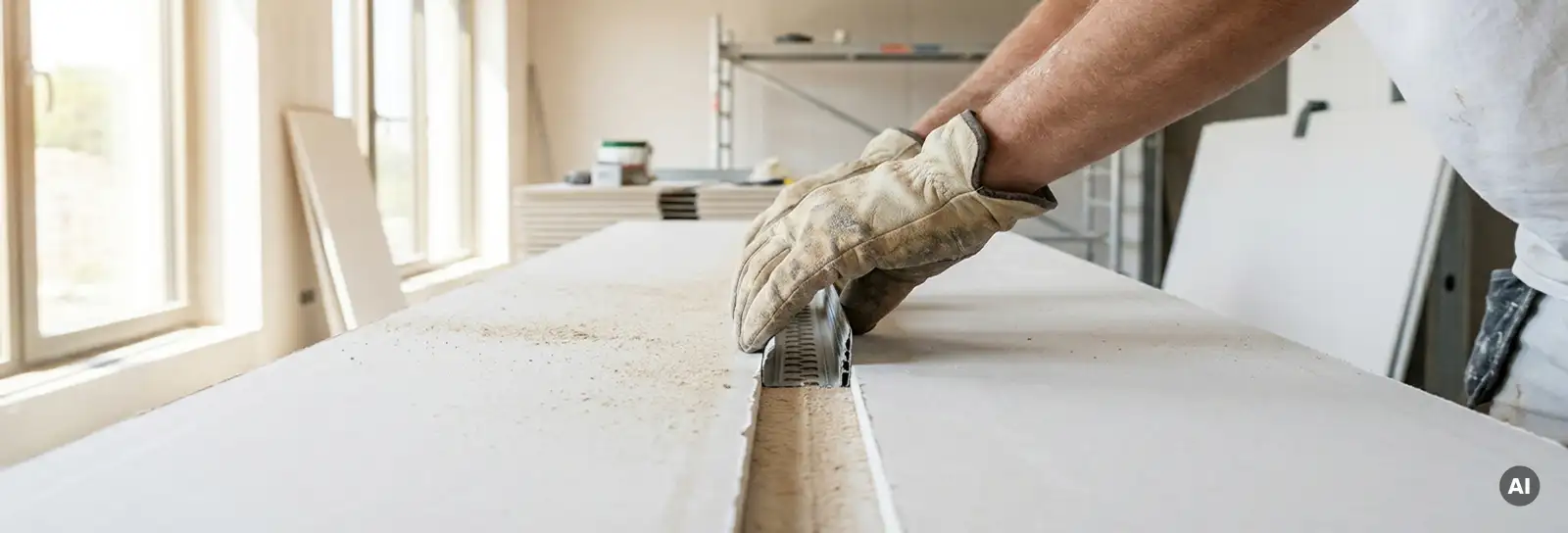 Handwerker drückt Dehnfugenprofil in gefräste Trockenbaufuge, helle Baustelle mit weißen Gipskartonplatten im Hintergrund.