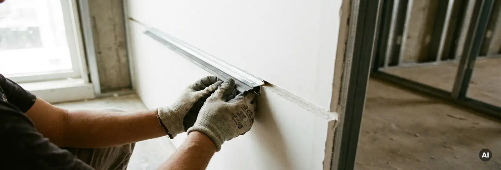 Handwerker drückt Dehnfugenprofil in gefräste Trockenbaufuge, Nahaufnahme mit weißem Gipskarton und natürlichem Tageslicht.