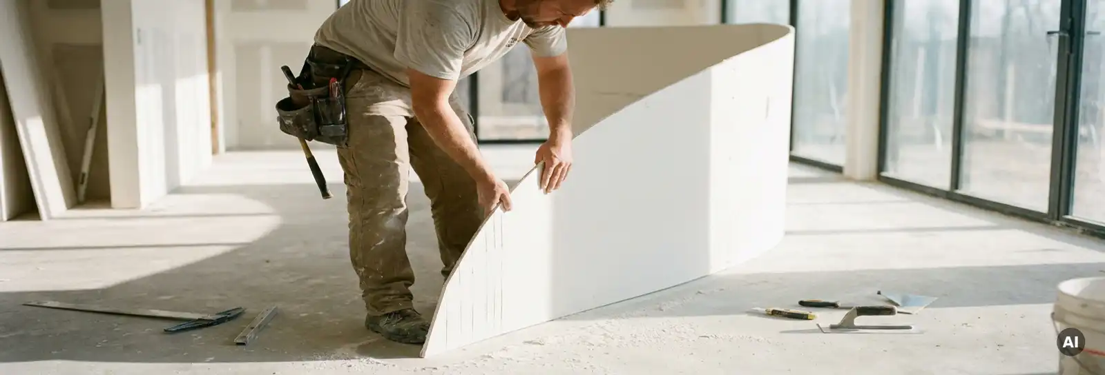 Handwerker biegt angeschnittene Gipskartonplatte zu einer geschwungenen Wand auf einer modernen Baustelle.