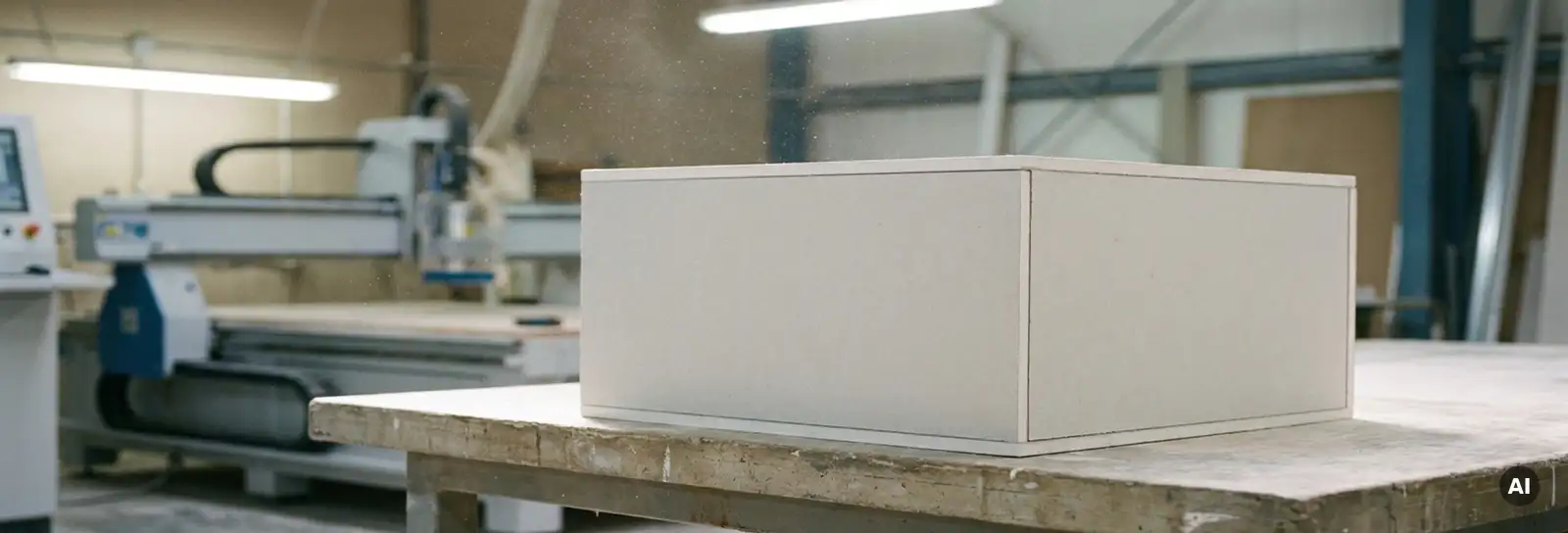 Präzise gefräste Gipskarton-Box auf Werkbank, rechtwinklig gefügte Platten mit feinem Gipsstaub, CNC-Maschine im Hintergrund.