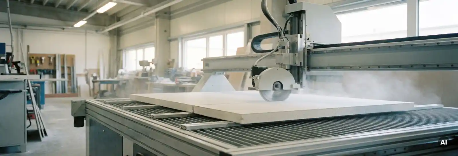 Professionelle Trockenbaumaschine schneidet präzise eine große Gipskartonplatte auf einem Industriearbeitstisch.