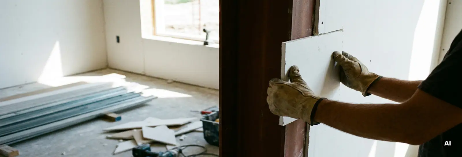 Handwerker in Schutzhandschuhen befestigt Gipskartonplatte an Stahlträgerverkleidung auf moderner Baustelle.