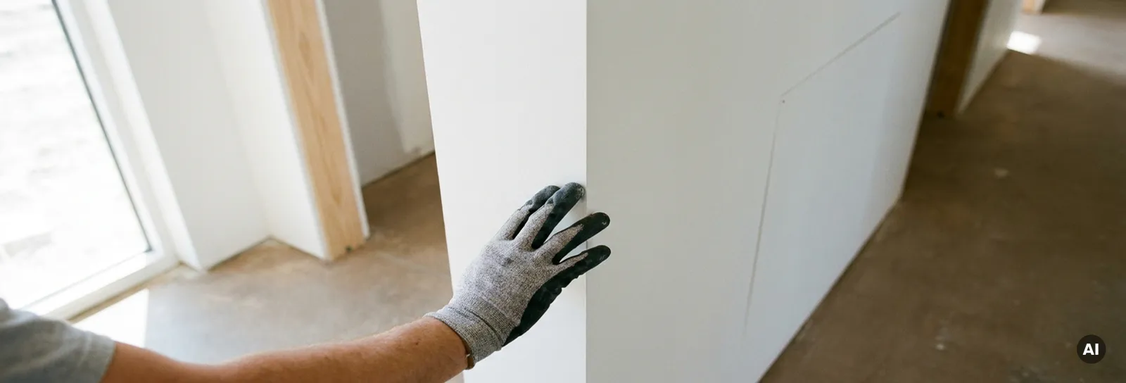 Behandschuhte Hand streicht über eine makellose Trockenbau-Innenecke mit sauberen Kanten in hellem Neubau-Interieur.