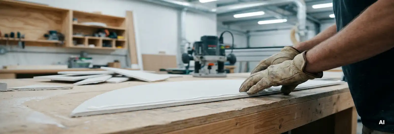 Handwerker positioniert präzise gebogenes Gipskarton-Profil auf Werkstatttisch, Fräsmaschine und Verschnitt im Hintergrund.