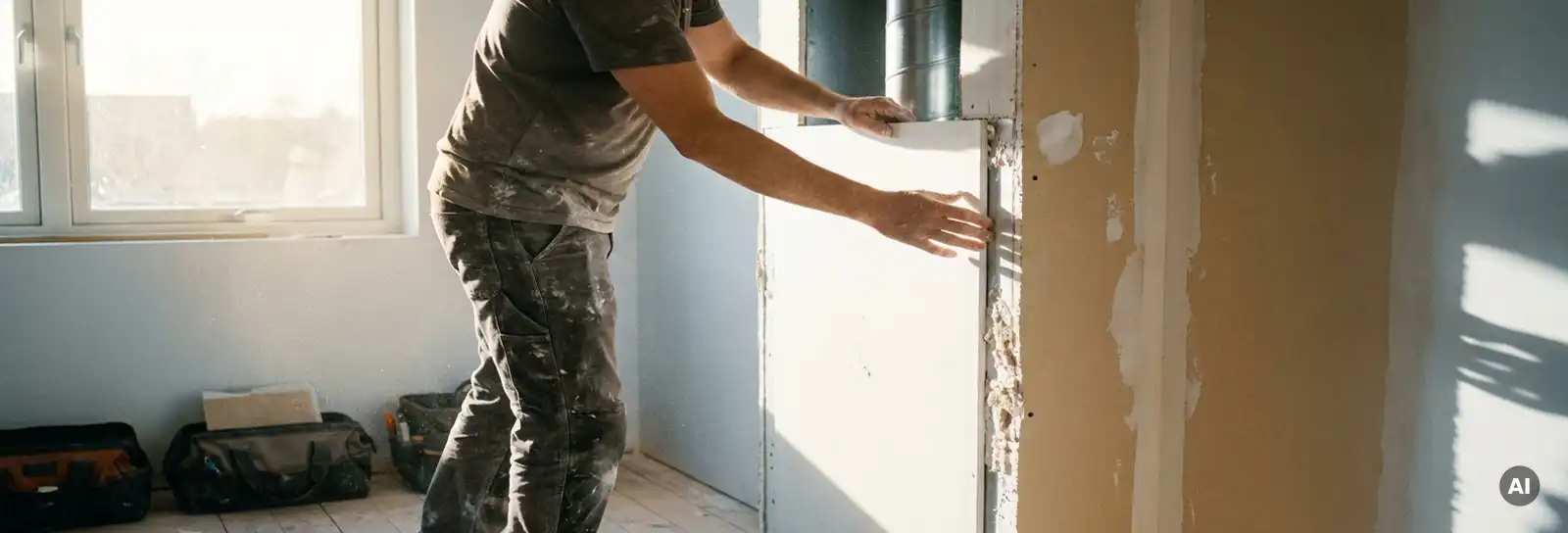 Handwerker verkleidet Lüftungskanal mit weißen Gipskartonplatten in modernem Innenraum, Gipsstaub im Tageslicht sichtbar.