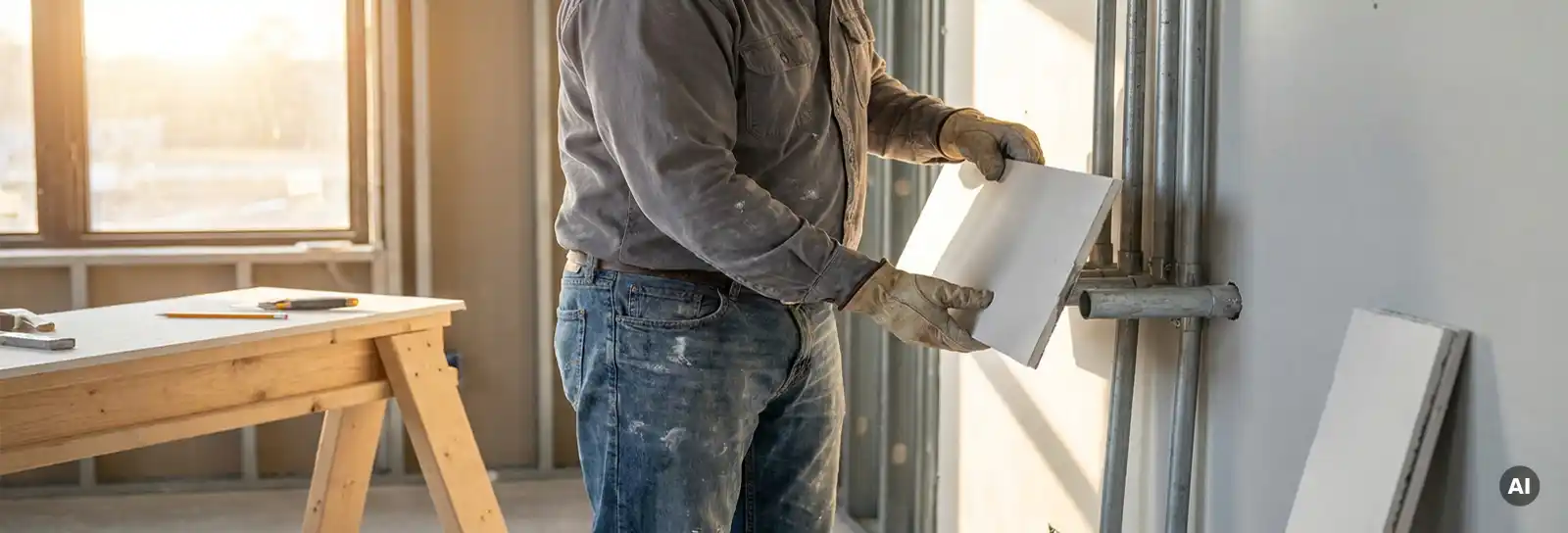 Handwerker installiert weiße Gipskartonplatte um freiliegende Silberrohre in hellem modernem Innenraum.