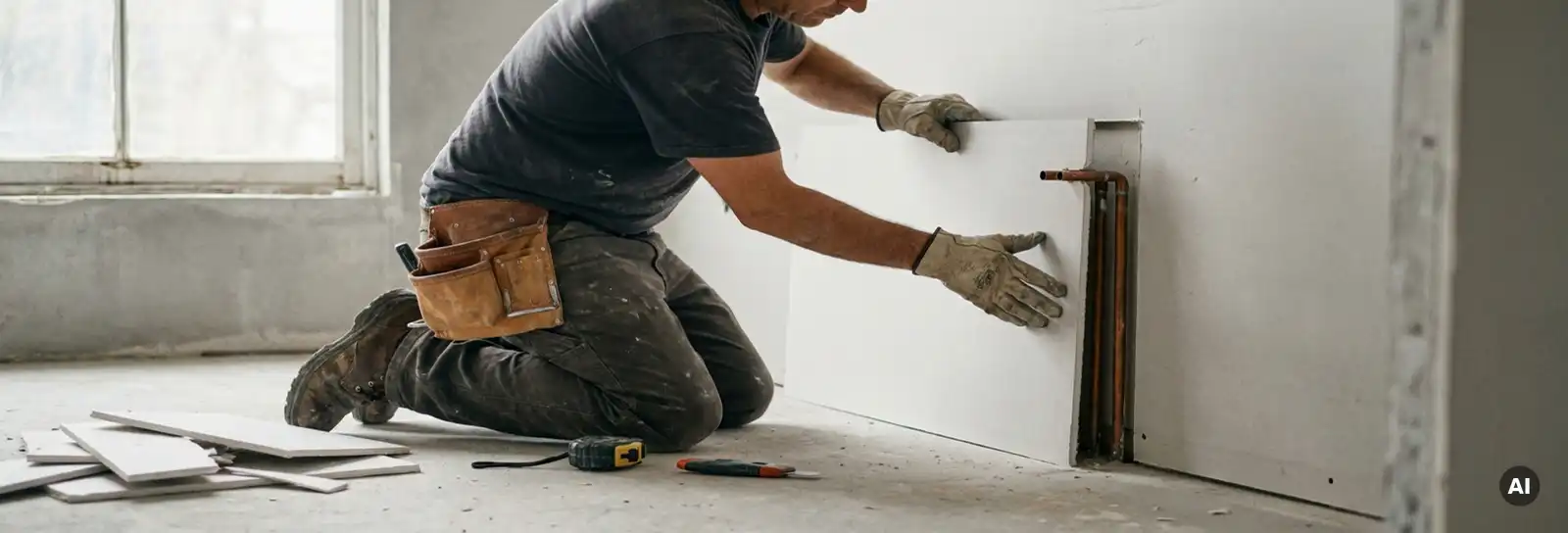 Handwerker passt präzise zugeschnittene Gipskartonplatte um freiliegende Rohre an heller Innenwand an.