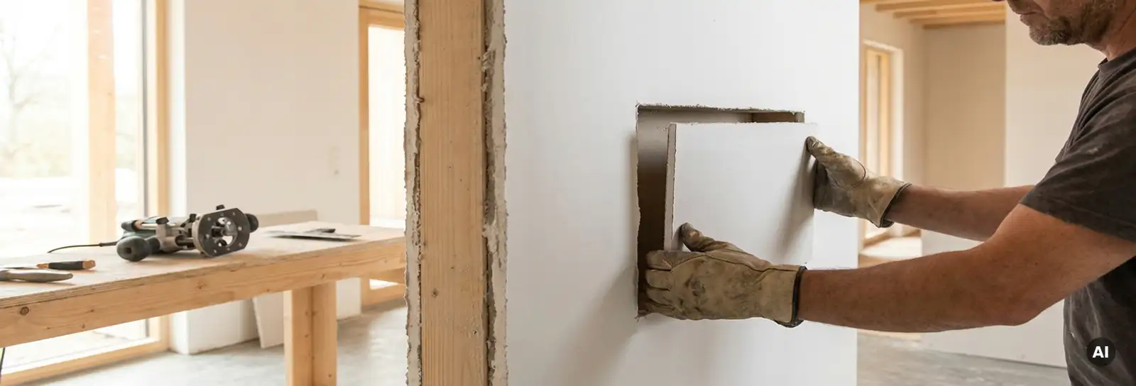 Handwerker drückt präzise gefräste Gipskarton-Nischenplatte in rechteckige Wandaussparung, frische Schnittkanten sichtbar.