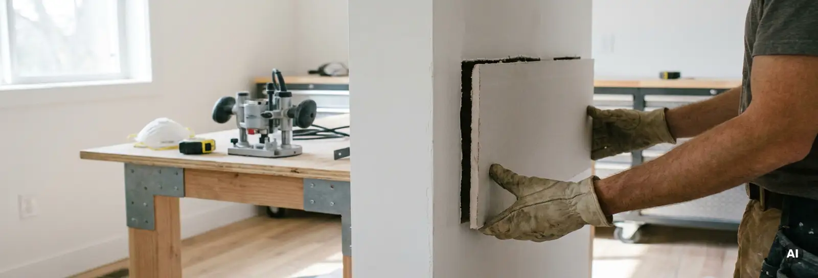 Handwerker in Schutzhandschuhen setzt präzise gefräste Gipskarton-Nische in Trockenbau-Wandausschnitt ein, Fräswerkzeug im Hintergrund.