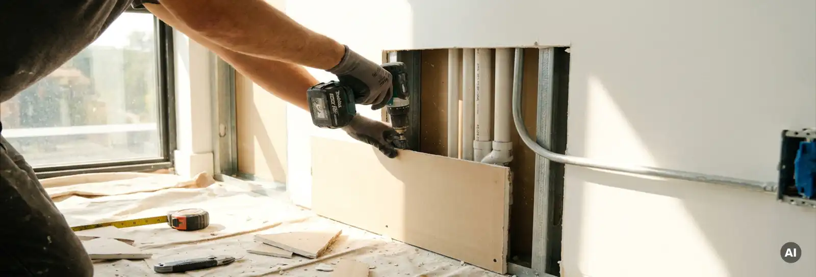 Handwerker verlegt weiße PVC-Rohre in einer Trockenbau-Wandkonstruktion aus präzise zugeschnittenen Gipskartonplatten.