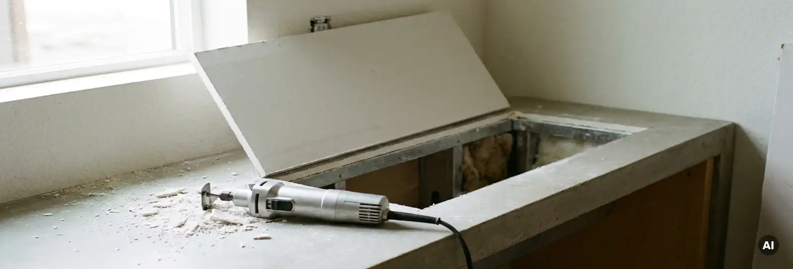 Geöffnetes Trockenbau-Revisionsklappen-Panel gibt Blick in Hohlraum hinter glatter Gipskartonwand frei, Fräswerkzeug daneben.
