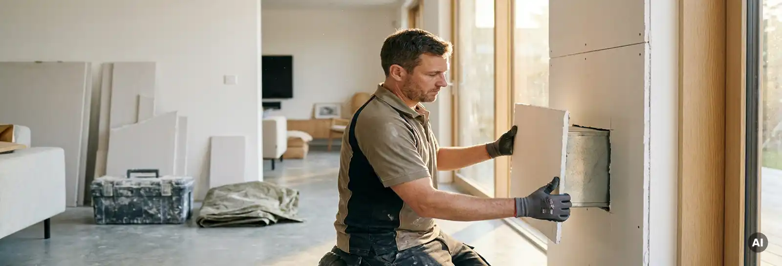 Handwerker passt Rigips-Platte um einen Lüftungskanal an, frisch geschnittene Trockenbauplatten an heller Wand im Hintergrund.