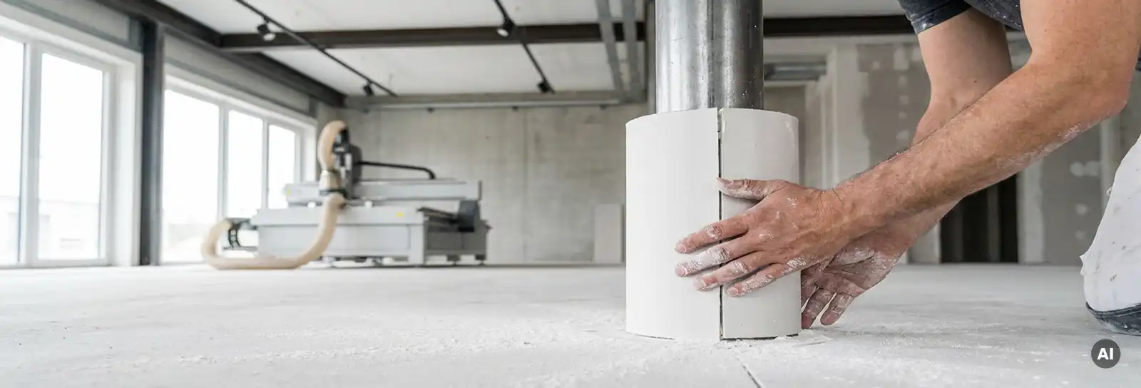 Handwerker passt Gipskartonplatte präzise um eine Stahlstütze, Gipsstaub auf Betonboden, Innenausbau.
