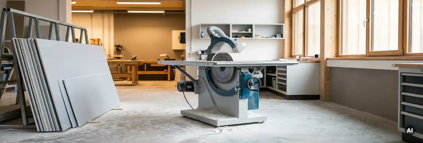 Professionelle Trockenbau-Schneidemaschine in bayerischer Werkstatt mit frisch geschnittenen Gipskartonplatten und weißem Staubbelag.