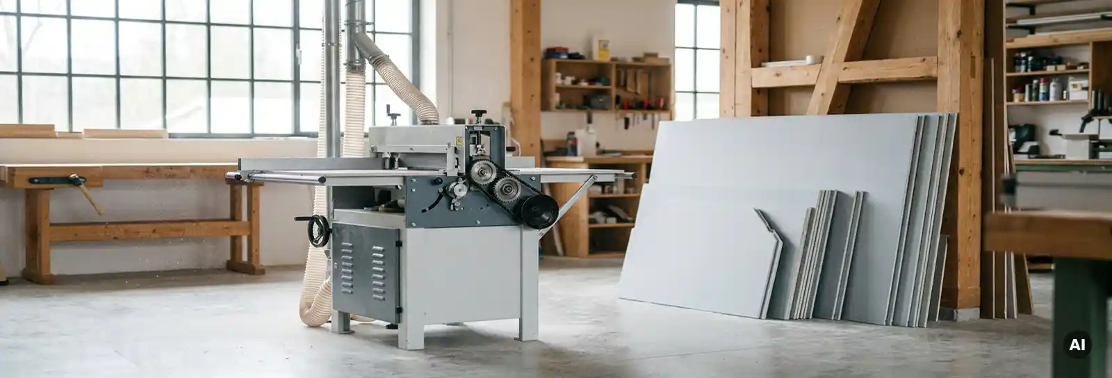 Profi-Trockenbaumaschine auf Werkstattboden mit frisch geschnittenen Gipskartonplatten und weißem Staubschleier im Tageslicht.
