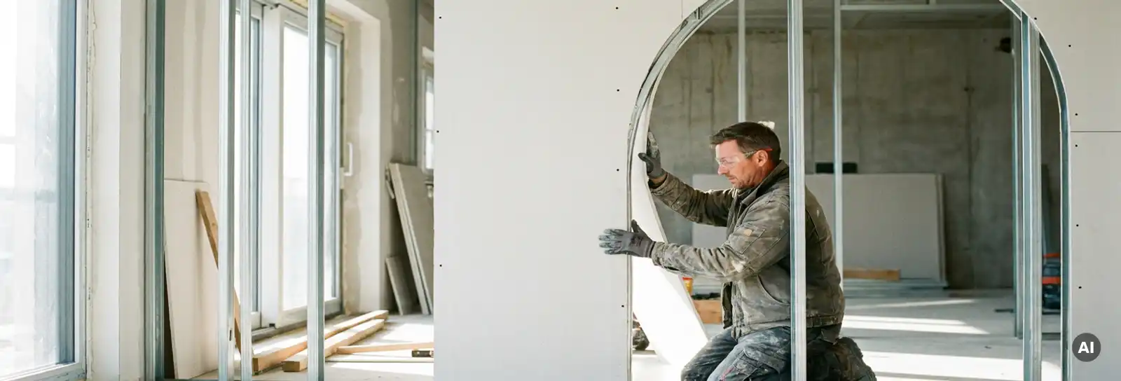 Handwerker biegt flexible Gipskartonplatte in geschwungene Wandkonstruktion mit Metallständerwerk auf hellem Rohbau.