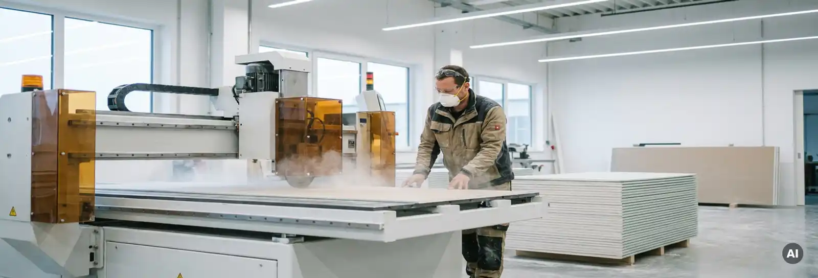 Trockenbauer bedient industrielle Fräs- und Schneidmaschine auf moderner Baustelle, gestapelte Gipskartonplatten im Hintergrund.
