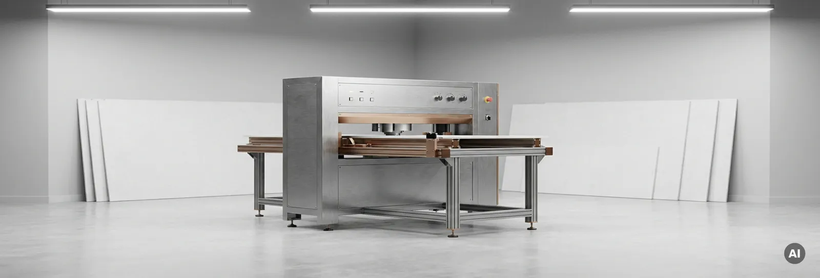 Professionelle Fräsmaschine zum Trockenbau-Schneiden auf Werkstattboden, daneben frisch geschnittene Gipskartonplatten.